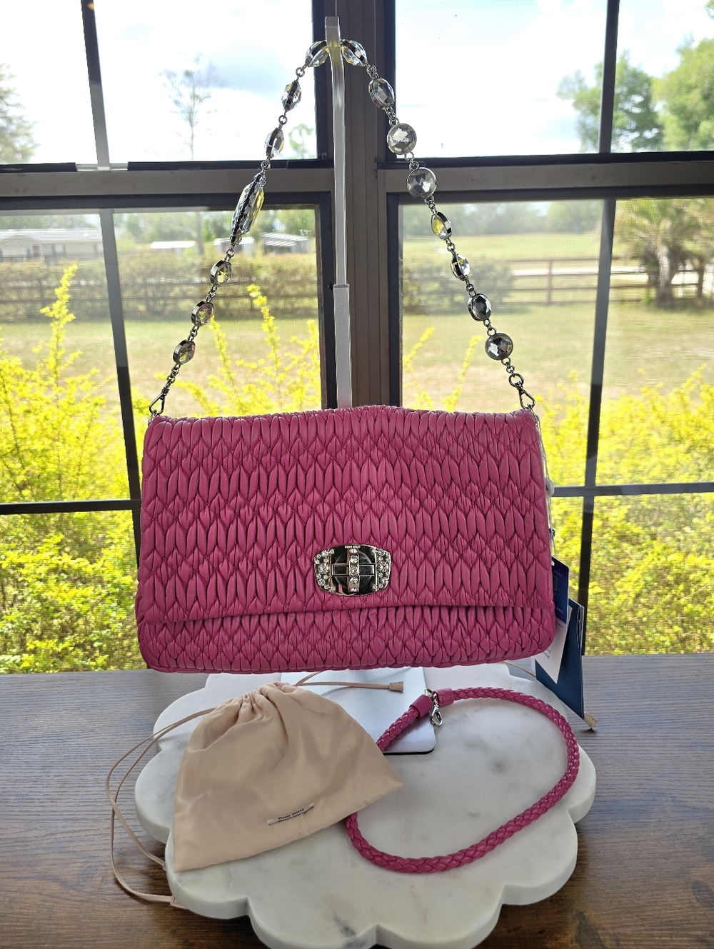 Miu Miu Crystal Matelasse Pink Nappa Leather Jeweled Shoulder Bag